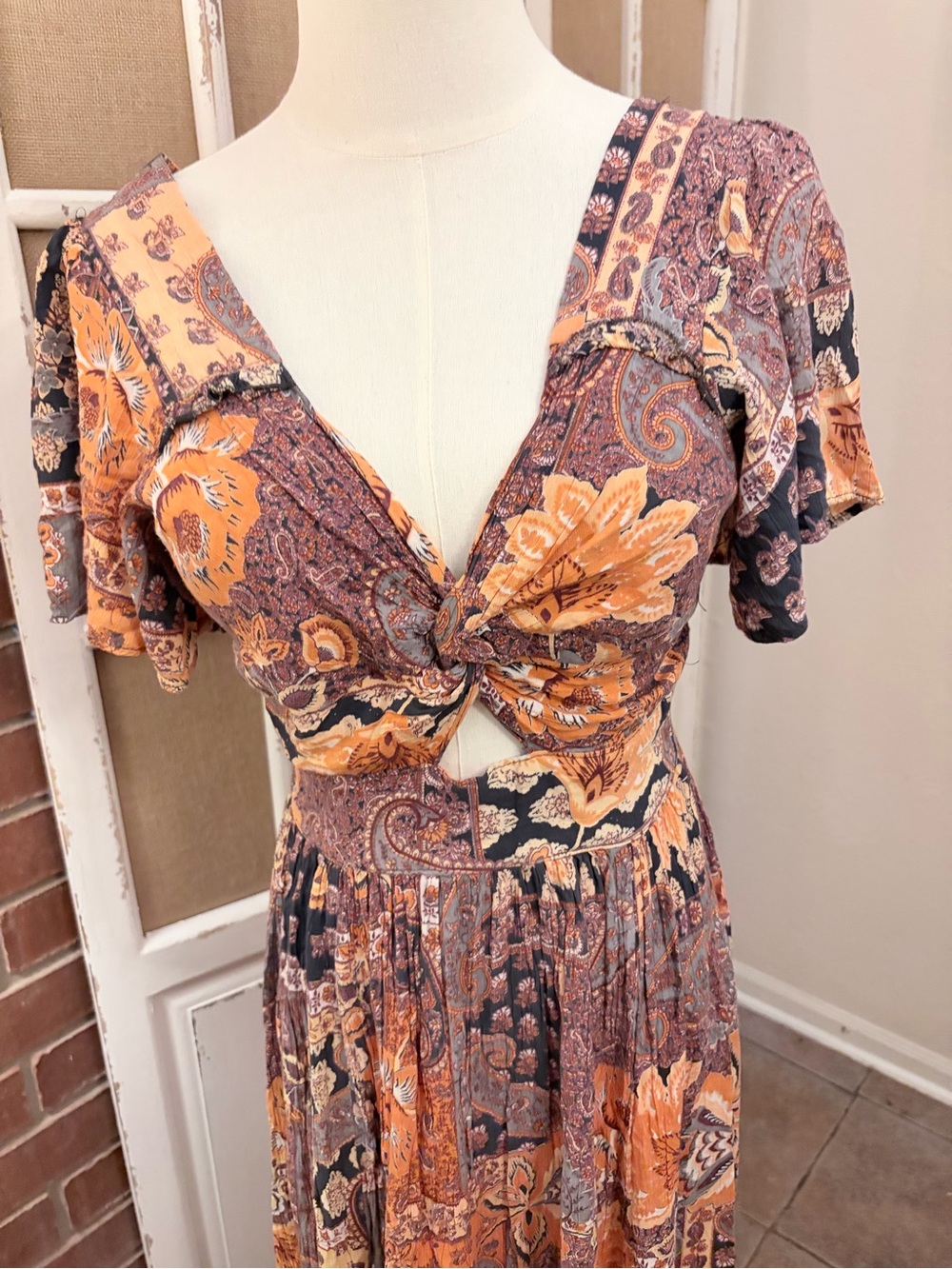 Angie Boho Patchwork Paisley Floral Cutout High Low Midi Dress M